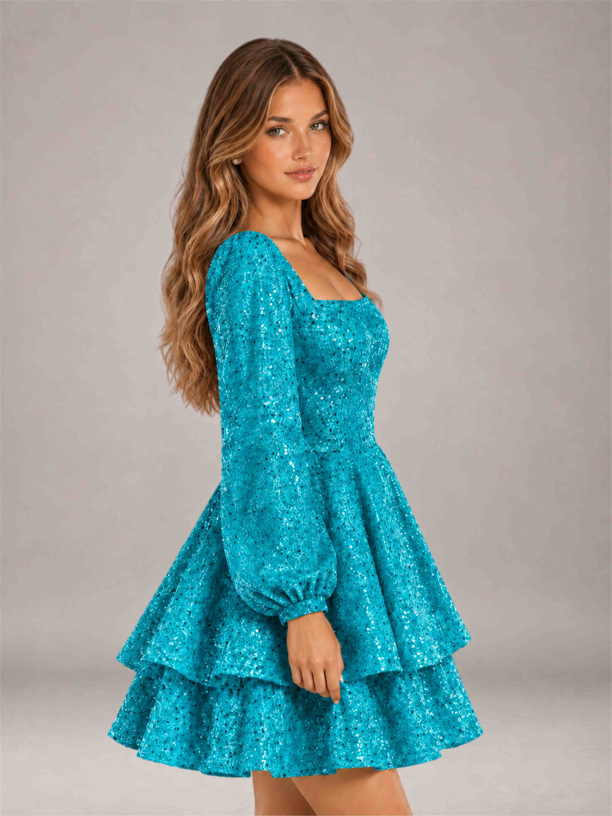 Turquoise Velvet Sequin Square Neck Long Sleeves Mini Homecoming Dress