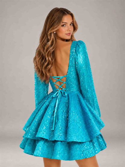 Turquoise Velvet Sequin Square Neck Long Sleeves Mini Homecoming Dress