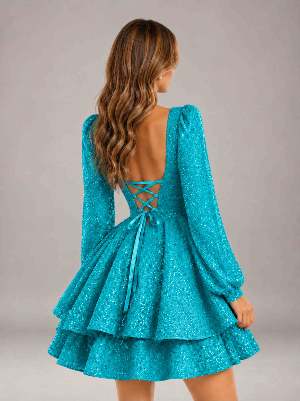 Turquoise Velvet Sequin Square Neck Long Sleeves Mini Homecoming Dress