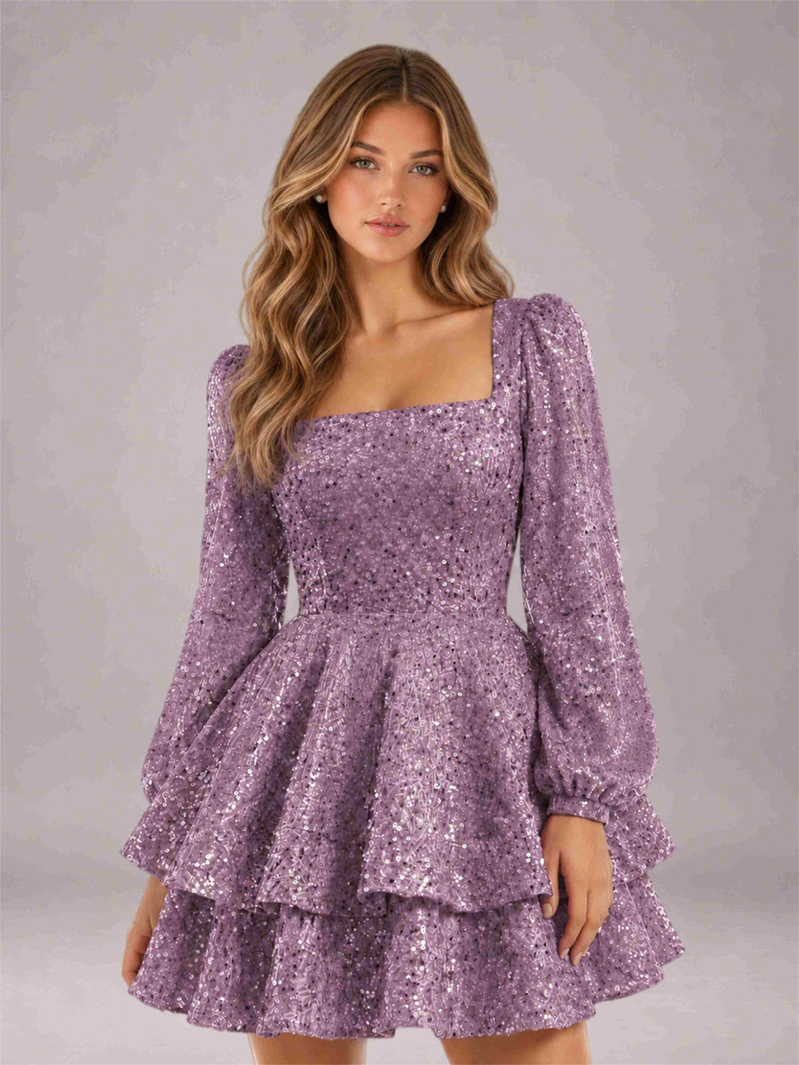 Vintage Mauve Velvet Sequin Square Neck Long Sleeves Mini Homecoming Dress