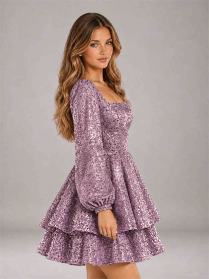 Vintage Mauve Velvet Sequin Square Neck Long Sleeves Mini Homecoming Dress