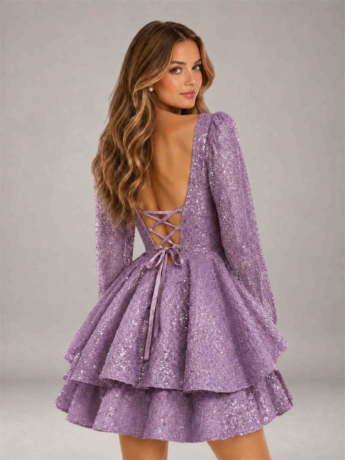 Vintage Mauve Velvet Sequin Square Neck Long Sleeves Mini Homecoming Dress