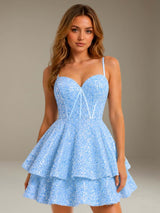 Free Shipping Velvet Sequin Sweetheart Spaghetti Straps Mini Layered Skirt Homecoming Dress with Lace-up back