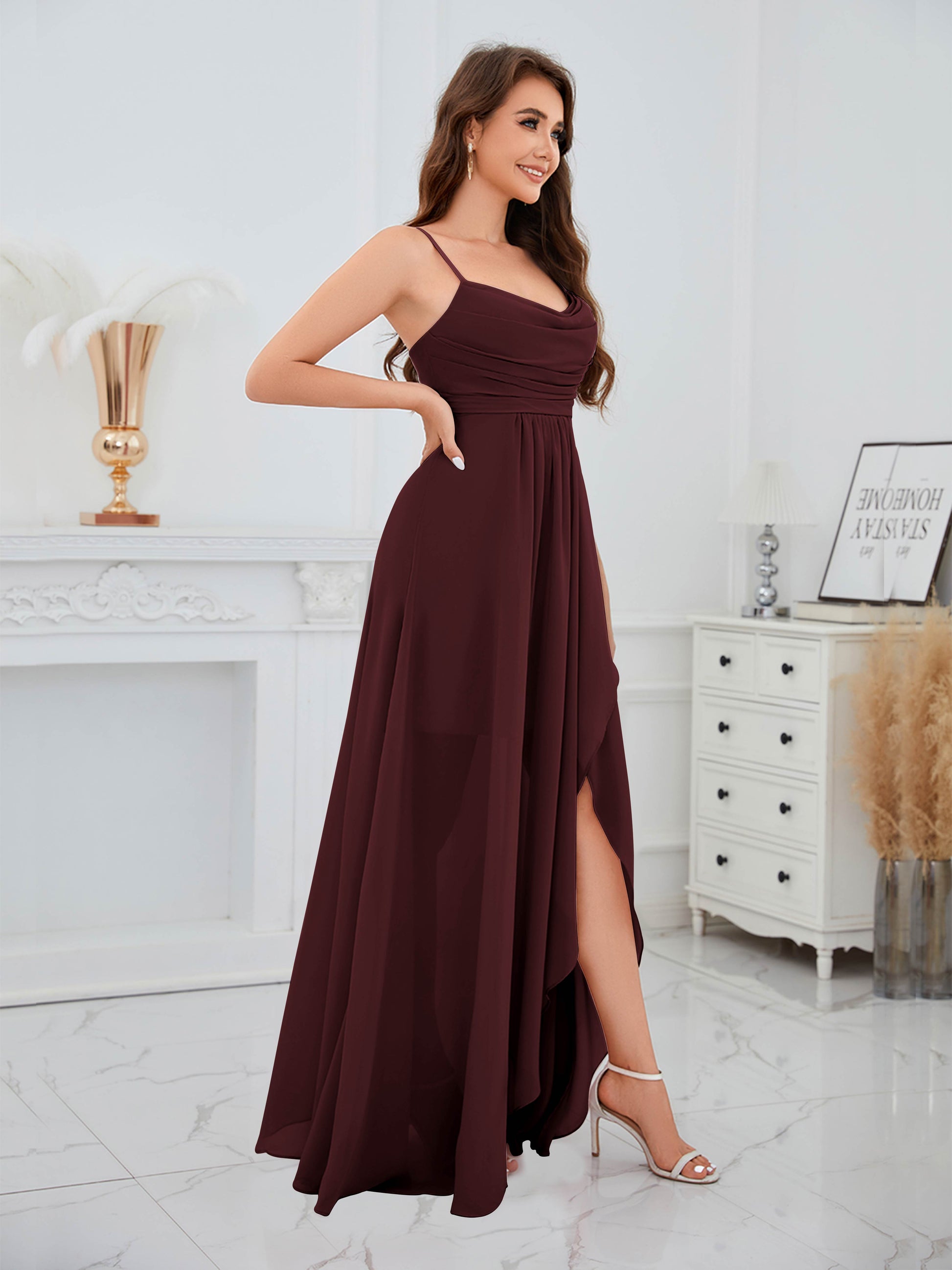 Vibrant Cowl Neck High-Low Chiffon Bridesmaid Dresses mollyevers.com Vibrant Cowl Neck High-Low Chiffon Bridesmaid Dresses mollyevers.com