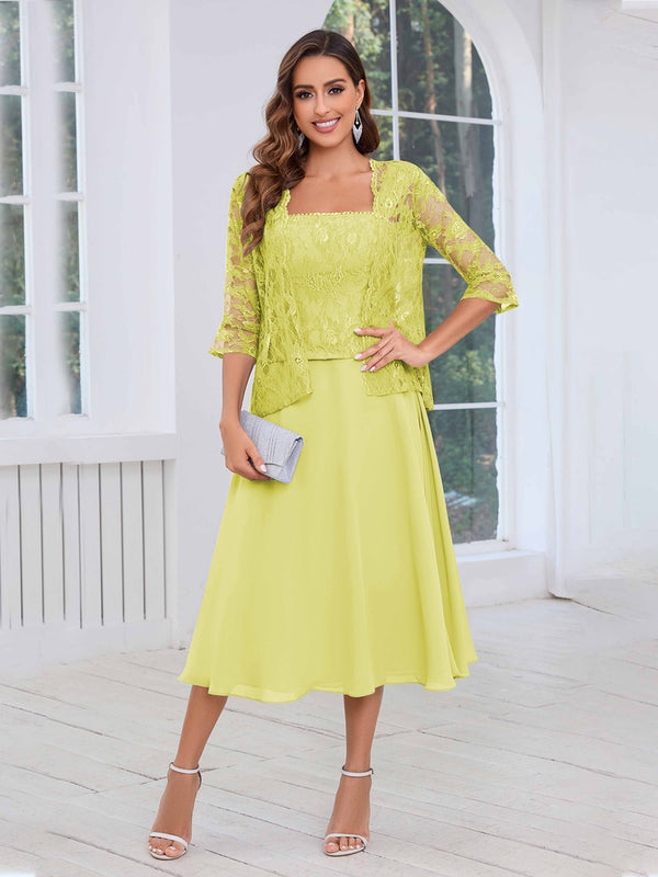 Daffodil Vibrant Square Two Pieces Lace Chiffon Midi Mother Of The Bride Dresses