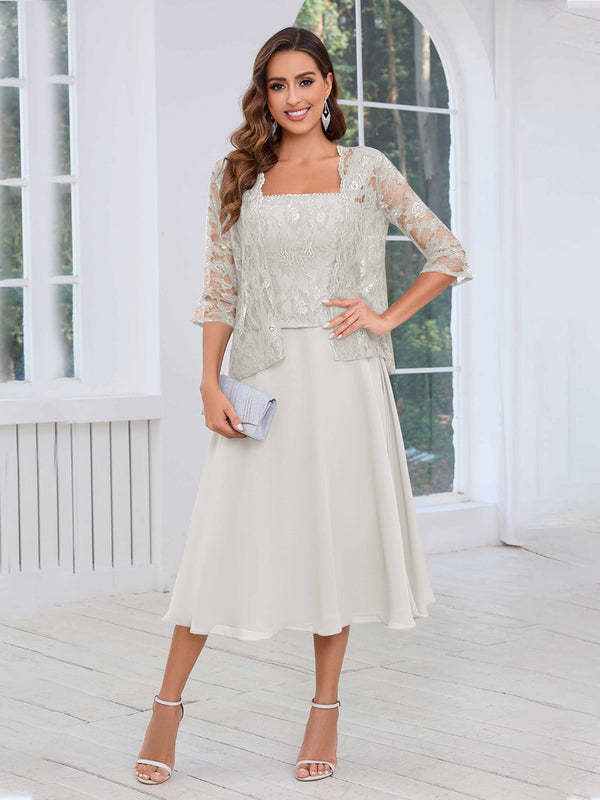 Ivory Vibrant Square Two Pieces Lace Chiffon Midi Mother Of The Bride Dresses