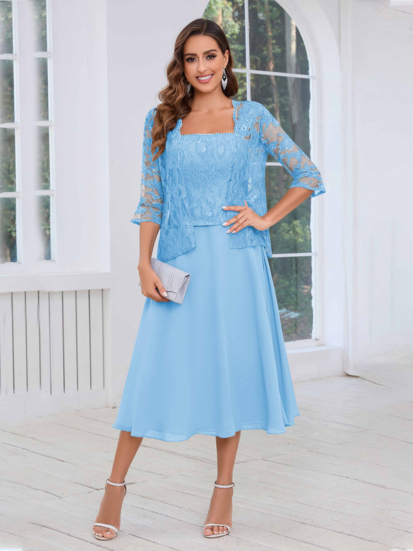 Light Blue Vibrant Square Two Pieces Lace Chiffon Midi Mother Of The Bride Dresses