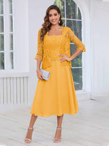 Vibrant Square Two Pieces Lace Chiffon Midi Mother Of The Bride Dresses