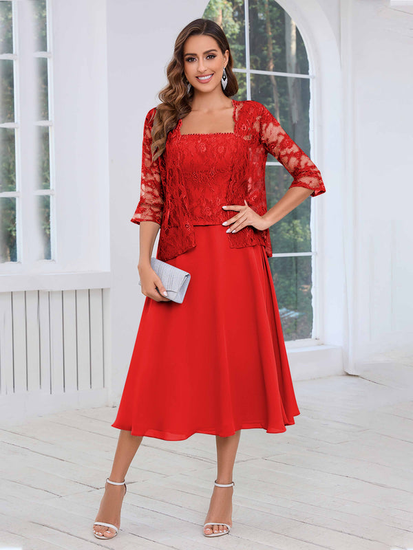 Red Vibrant Square Two Pieces Lace Chiffon Midi Mother Of The Bride Dresses