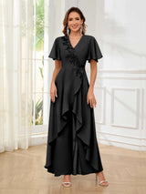Vibrant V-Neck Short Sleeves Ruffles Floor Length Mother Of The Bride Jumpsuit Pantsuit