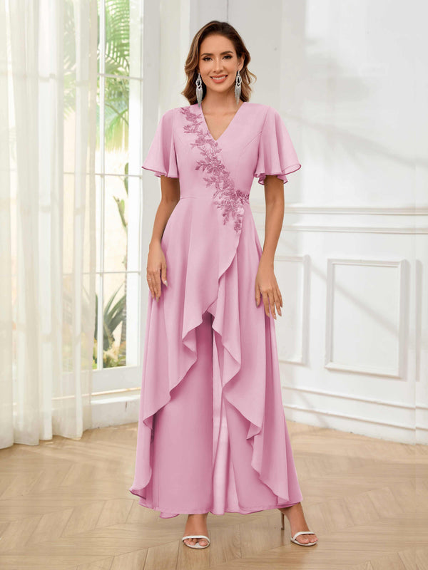 Candy Pink Vibrant V-Neck Short Sleeves Ruffles Floor Length Mother Of The Bride Jumpsuit Pantsuit