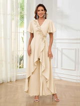 Vibrant V-Neck Short Sleeves Ruffles Floor Length Mother Of The Bride Jumpsuit Pantsuit