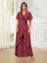 Vibrant V-Neck Short Sleeves Ruffles Floor Length Mother Of The Bride Jumpsuit Pantsuit