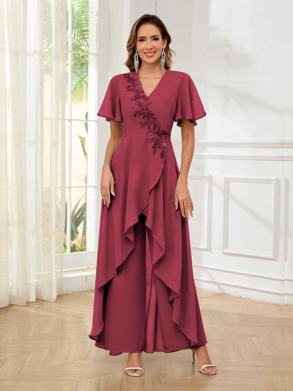 Cinnamon Rose Vibrant V-Neck Short Sleeves Ruffles Floor Length Mother Of The Bride Jumpsuit Pantsuit