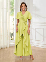 Vibrant V-Neck Short Sleeves Ruffles Floor Length Mother Of The Bride Jumpsuit Pantsuit