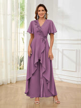 Vibrant V-Neck Short Sleeves Ruffles Floor Length Mother Of The Bride Jumpsuit Pantsuit