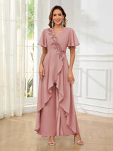 Vibrant V-Neck Short Sleeves Ruffles Floor Length Mother Of The Bride Jumpsuit Pantsuit
