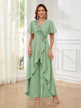 Vibrant V-Neck Short Sleeves Ruffles Floor Length Mother Of The Bride Jumpsuit Pantsuit