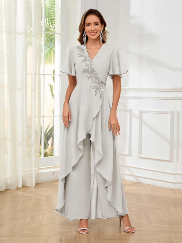 Ivory Vibrant V-Neck Short Sleeves Ruffles Floor Length Mother Of The Bride Jumpsuit Pantsuit