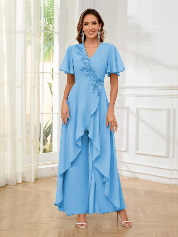 Light Blue Vibrant V-Neck Short Sleeves Ruffles Floor Length Mother Of The Bride Jumpsuit Pantsuit