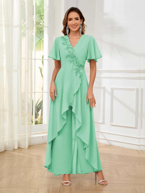 Mint Green Vibrant V-Neck Short Sleeves Ruffles Floor Length Mother Of The Bride Jumpsuit Pantsuit