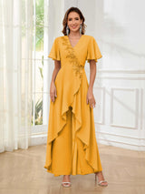 Vibrant V-Neck Short Sleeves Ruffles Floor Length Mother Of The Bride Jumpsuit Pantsuit