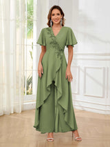 Vibrant V-Neck Short Sleeves Ruffles Floor Length Mother Of The Bride Jumpsuit Pantsuit