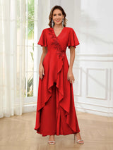 Vibrant V-Neck Short Sleeves Ruffles Floor Length Mother Of The Bride Jumpsuit Pantsuit