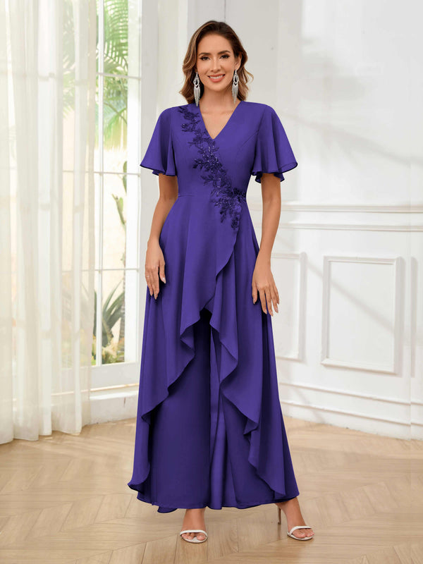 Regency Vibrant V-Neck Short Sleeves Ruffles Floor Length Mother Of The Bride Jumpsuit Pantsuit