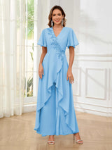 Vibrant V-Neck Short Sleeves Ruffles Floor Length Mother Of The Bride Jumpsuit Pantsuit