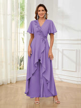 Vibrant V-Neck Short Sleeves Ruffles Floor Length Mother Of The Bride Jumpsuit Pantsuit