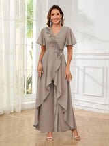 Vibrant V-Neck Short Sleeves Ruffles Floor Length Mother Of The Bride Jumpsuit Pantsuit