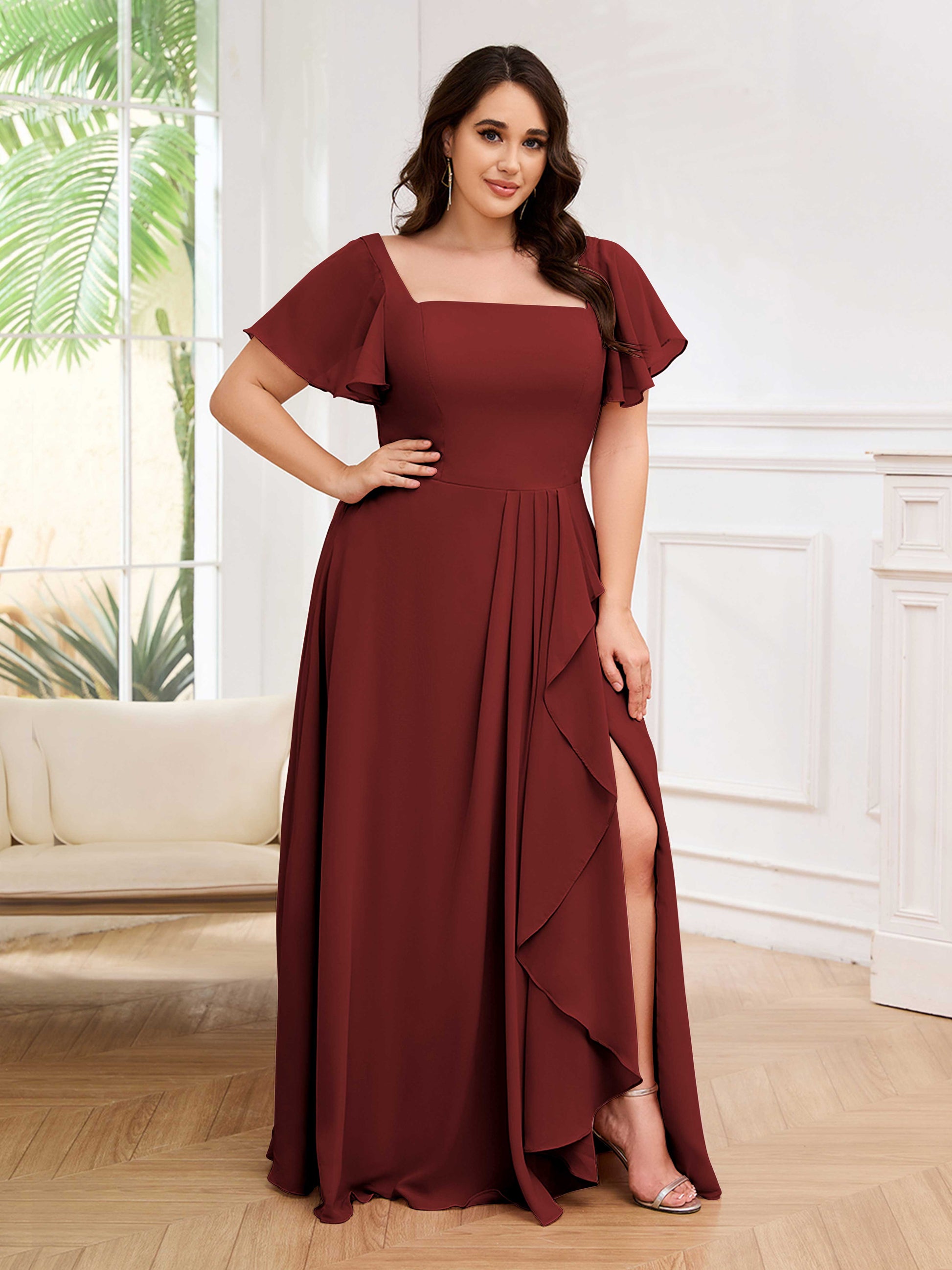 Whimsical Square Short Sleeves Slit Chiffon Plus Size Bridesmaid Dress mollyevers.com Whimsical Square Short Sleeves Slit Chiffon Plus Size Bridesmaid Dress mollyevers.com