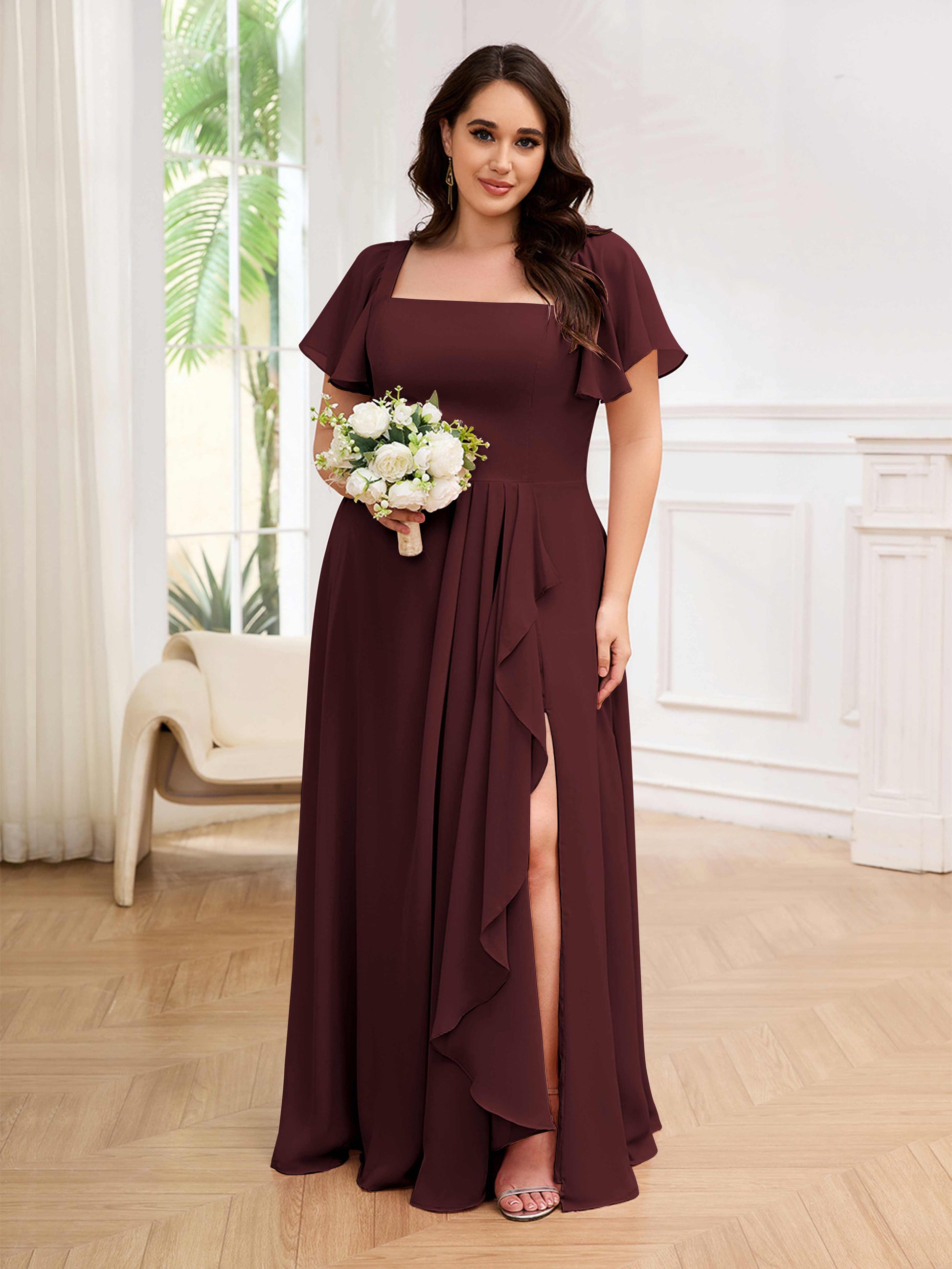 Whimsical Square Short Sleeves Slit Chiffon Plus Size Bridesmaid Dress mollyevers.com Whimsical Square Short Sleeves Slit Chiffon Plus Size Bridesmaid Dress mollyevers.com