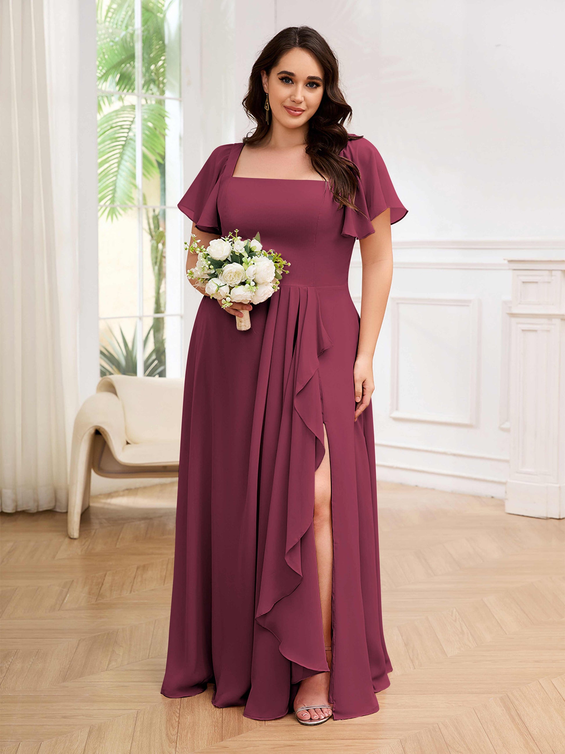 bridesmaid dress for short women Wedtrend Women Dusty Blue A Line V Neck Floor Length Long Chiffon Bridesmaid Dress with Short Sleeves, Dusty Blue / US20W