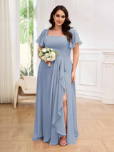 Whimsical Square Short Sleeves Slit Chiffon Plus Size Bridesmaid Dresses
