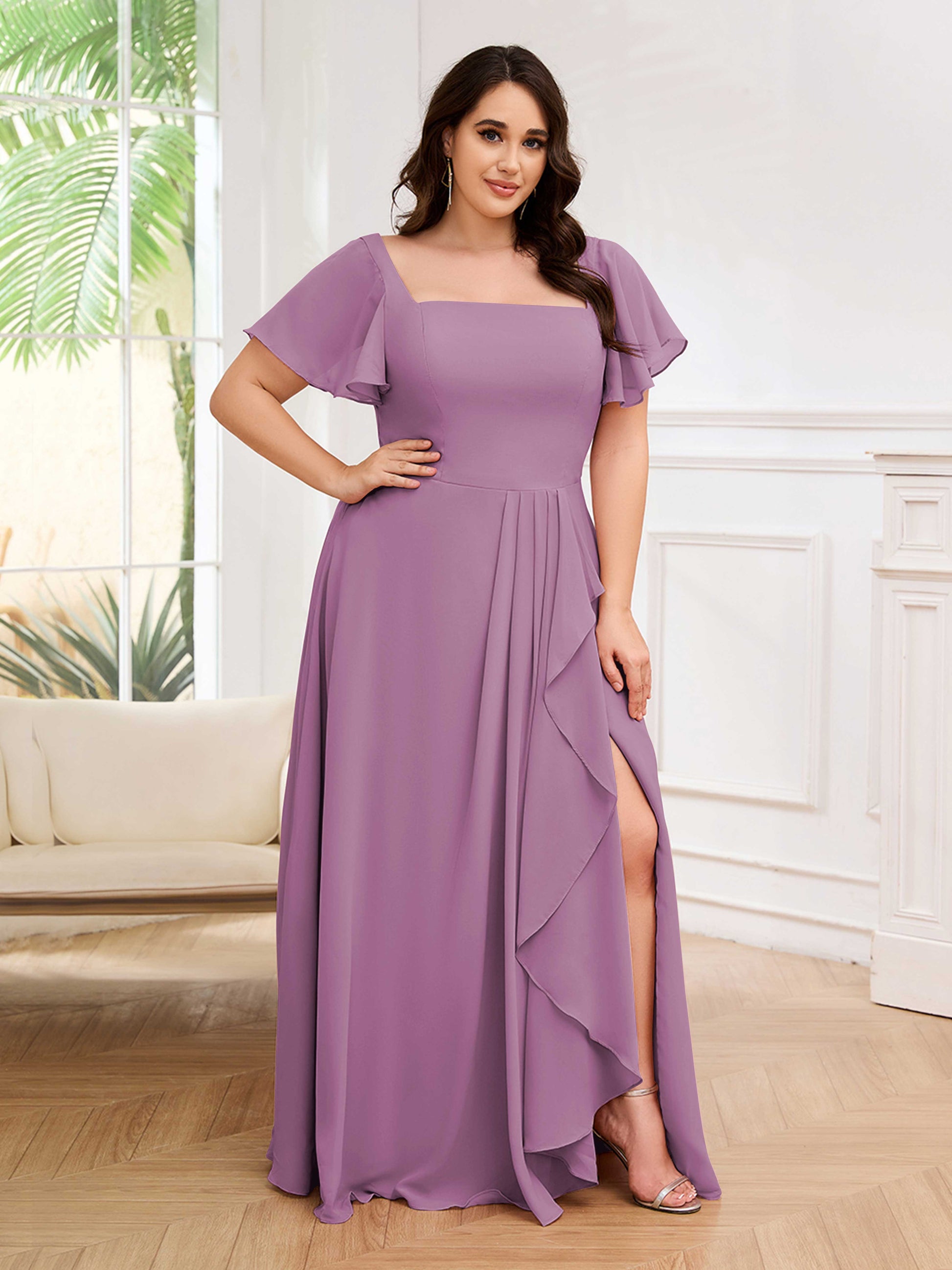 Whimsical Square Short Sleeves Slit Chiffon Plus Size Bridesmaid Dress – mollyevers.com Whimsical Square Short Sleeves Slit Chiffon Plus Size Bridesmaid Dress – mollyevers.com