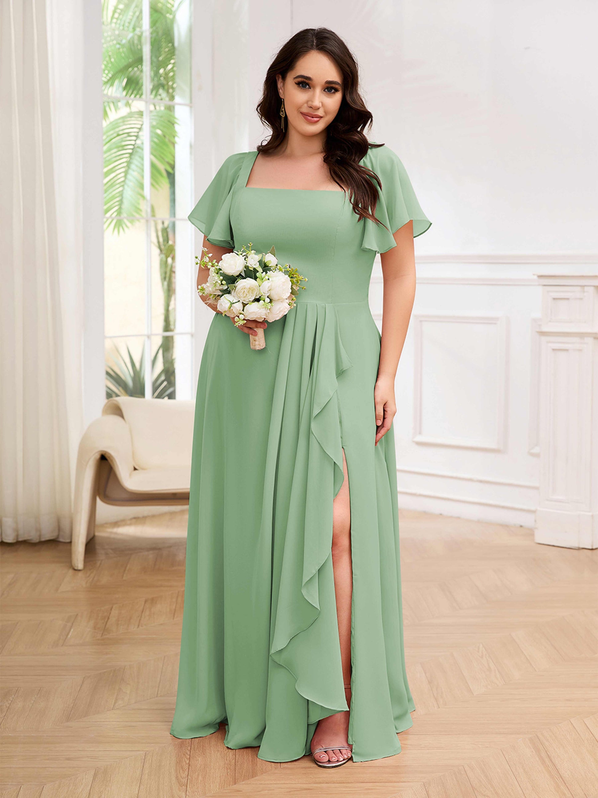 short sleeve plus size bridesmaid dresses Chic Plus Size Bridesmaid Dress with Asymmetric Hem and Short Sleeves