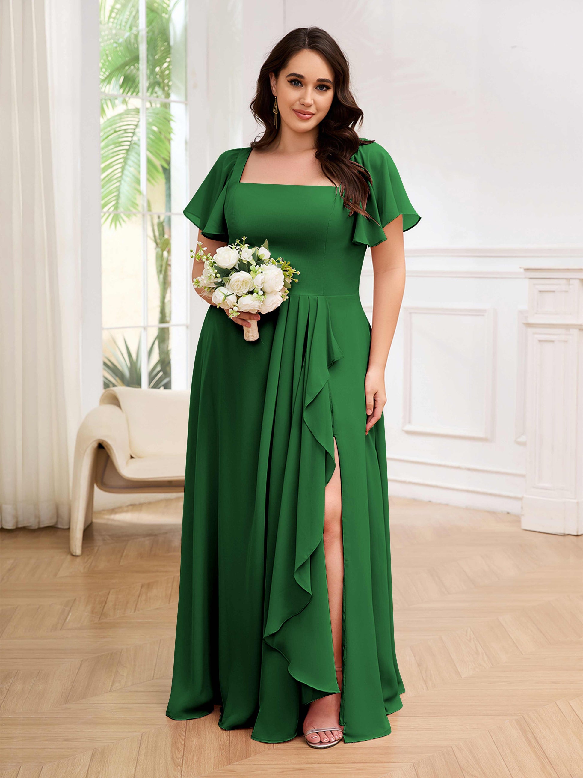 Whimsical Square Short Sleeves Slit Chiffon Plus Size Bridesmaid Dress mollyevers.com Whimsical Square Short Sleeves Slit Chiffon Plus Size Bridesmaid Dress mollyevers.com