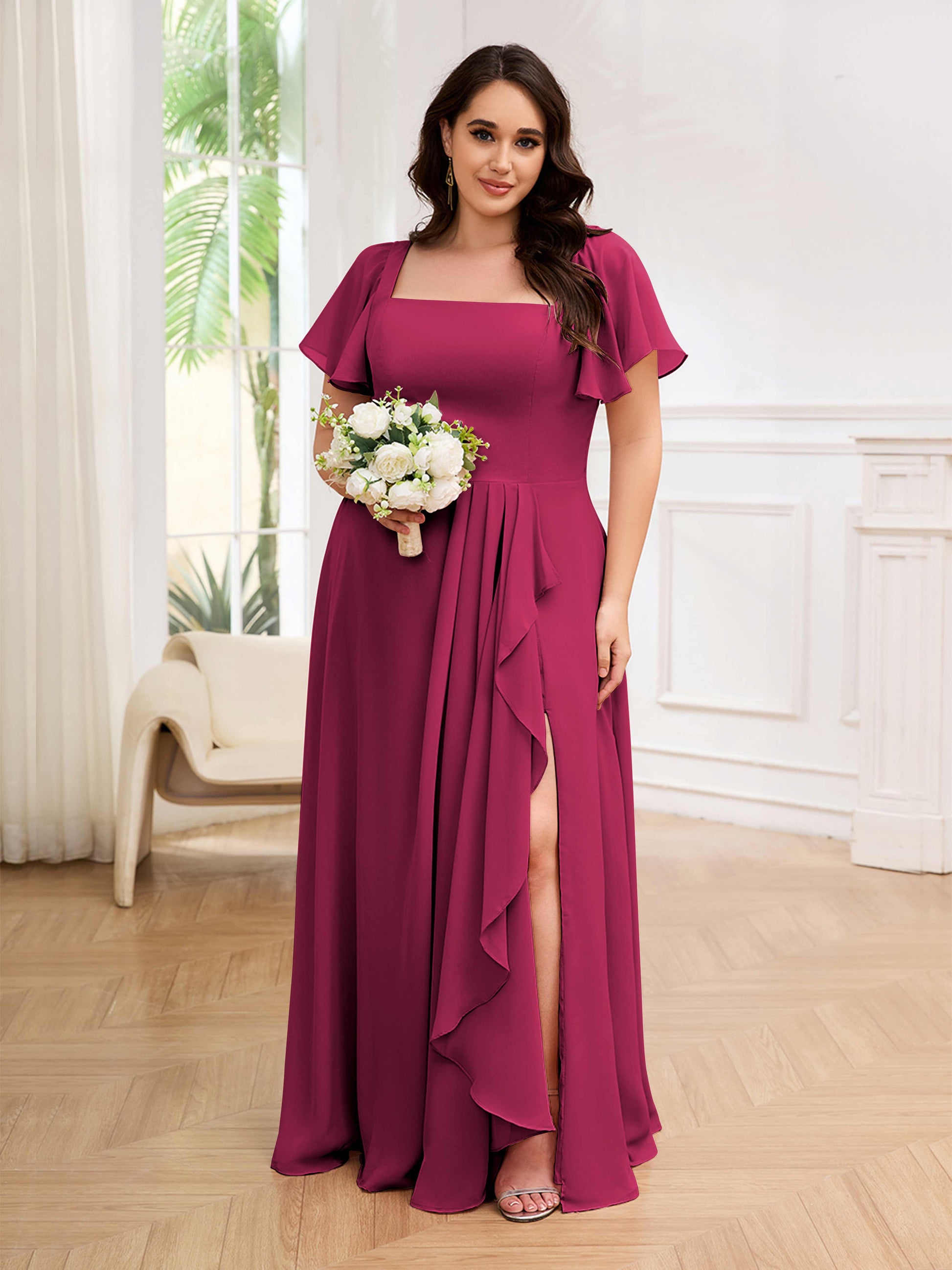 bridesmaid dresses for short chubby ladies Ever-Pretty Double V Neck Short Sleeve Maxi Tulle Evening Dress Occasion Dress