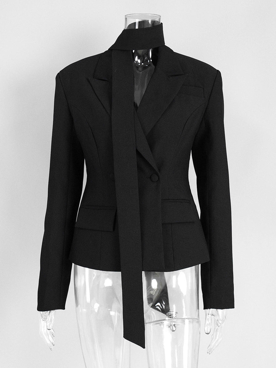 Black Women's Blazer Slim Fit One Button with Decorative Tape for Daily Wear