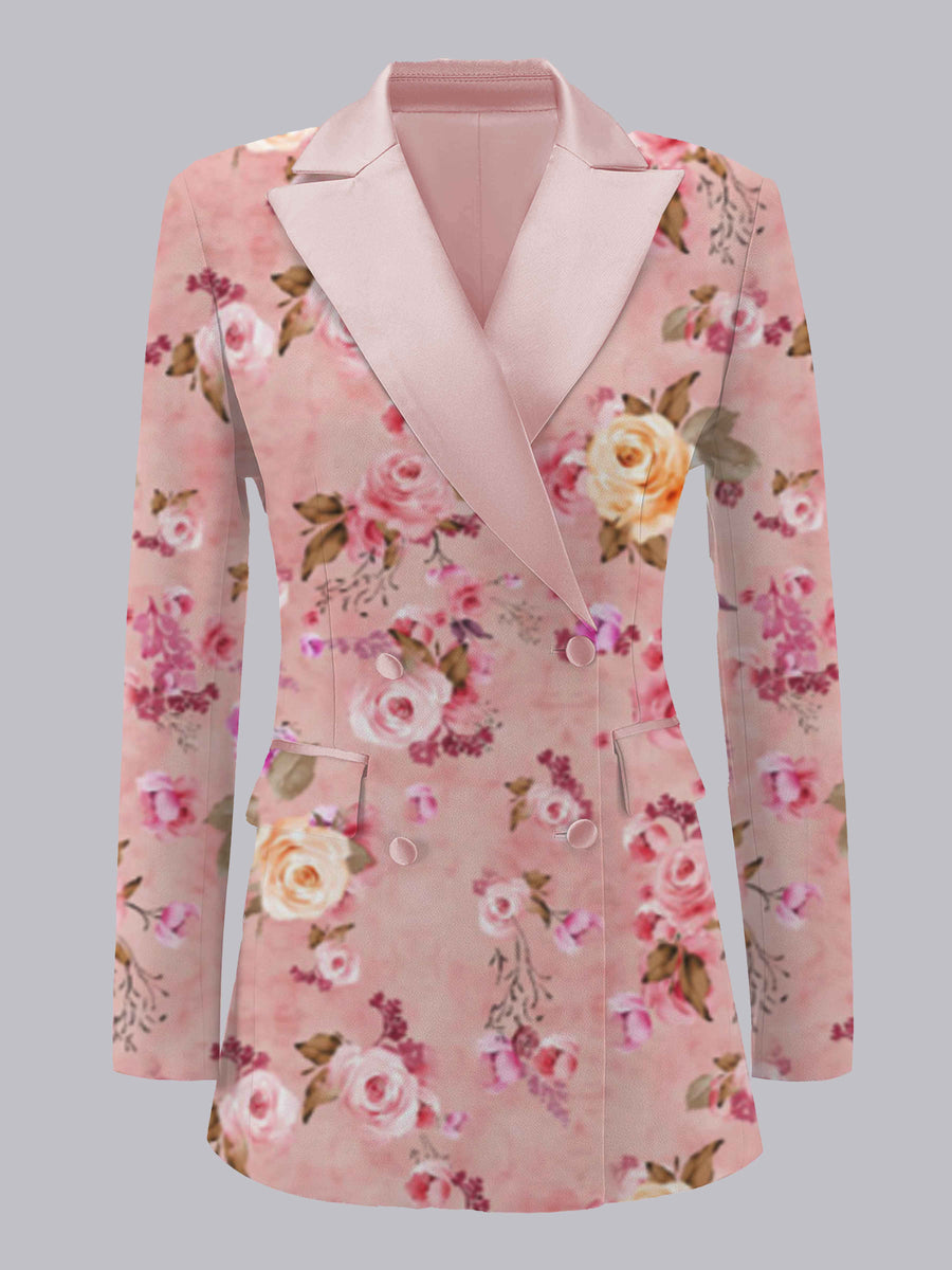 Blushing Pink Women's Blazer Tailored Fit Notch Lapel Floral Print Confident Casual Style