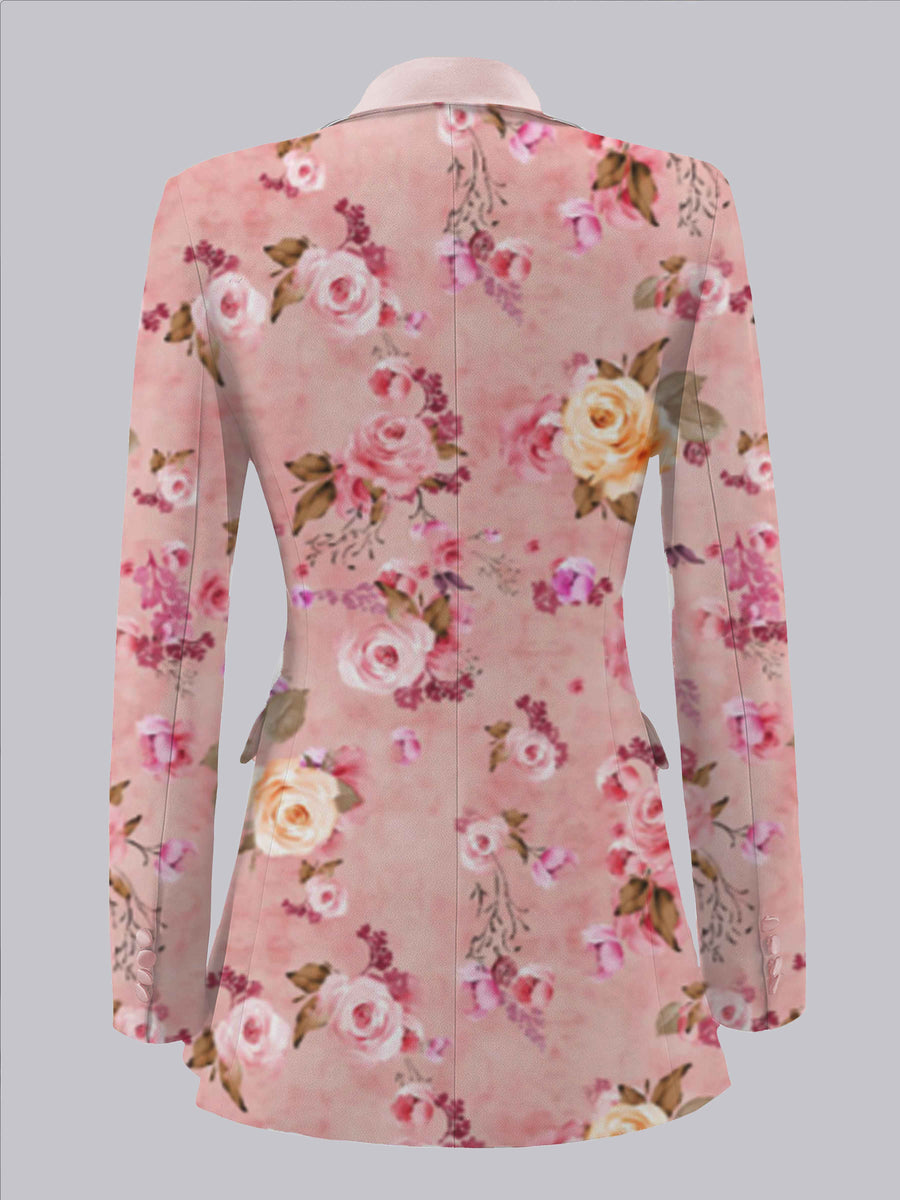 Blushing Pink Women's Blazer Tailored Fit Notch Lapel Floral Print Confident Casual Style