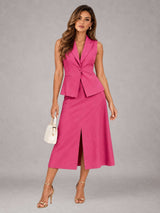 Women's Suits 2 Pieces Tailored Fit Elegant Sleeveless Blazer Vest & Midi Skirt Set for Day to Night Style