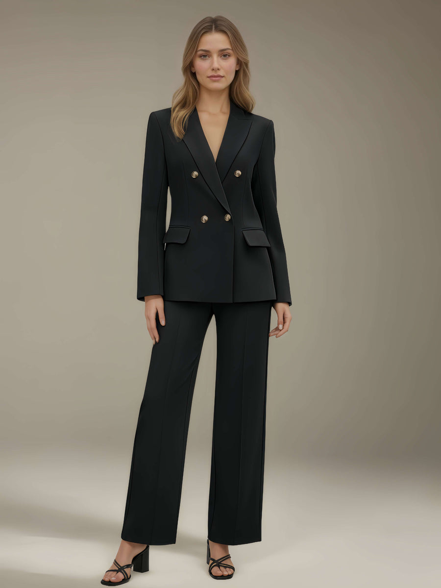 Black Women's Suits 2 Pieces Regular Fit Double Breasted Suits for Business Casual