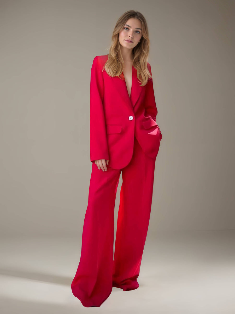 Red Women's Suits 2 Pieces Wide-Leg One Button Suits for Casual Power Style