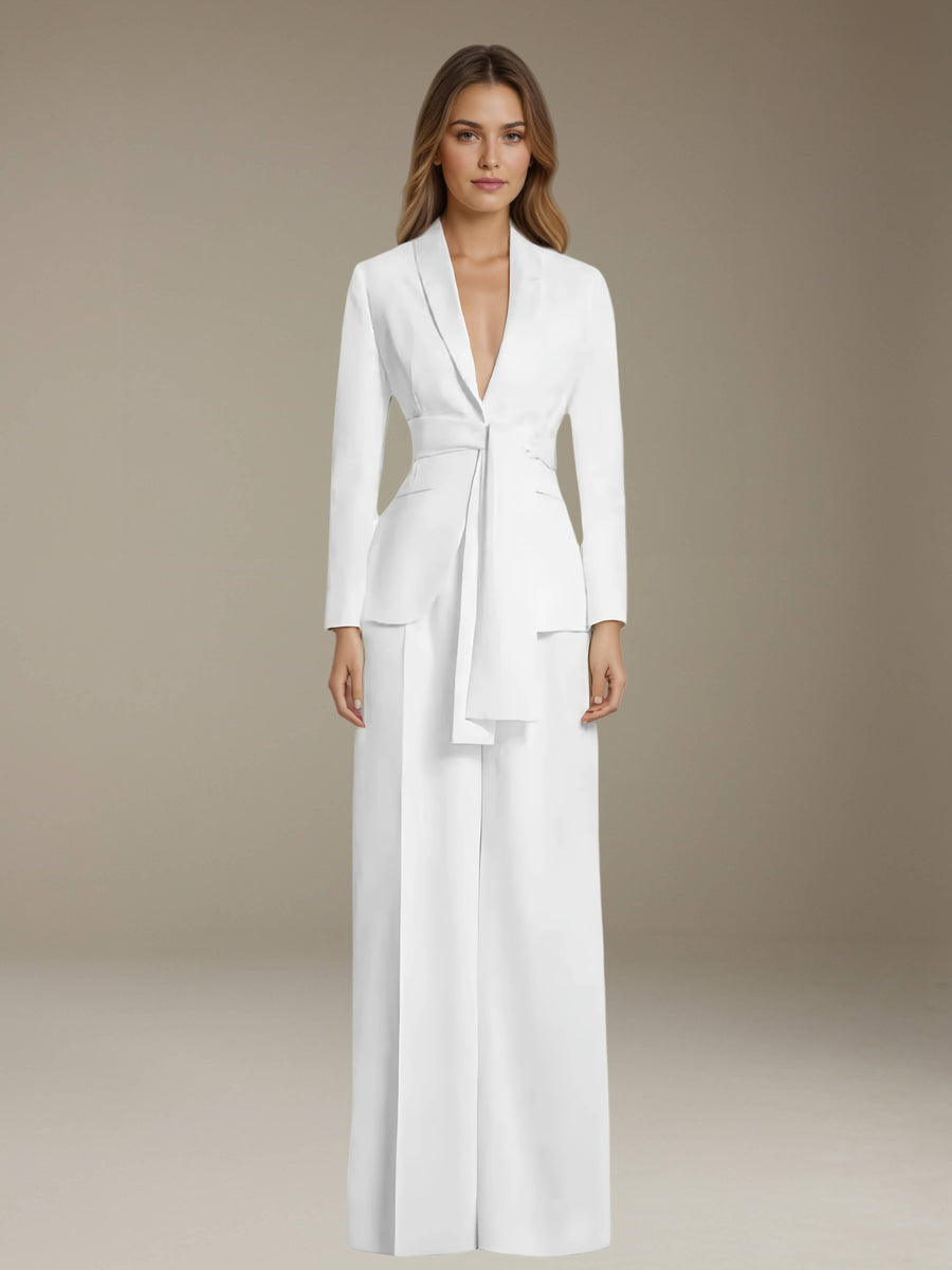 White Women's Suits 2 Pieces Wide-Leg Shawl Lapel Suits with Belt for Urban Women