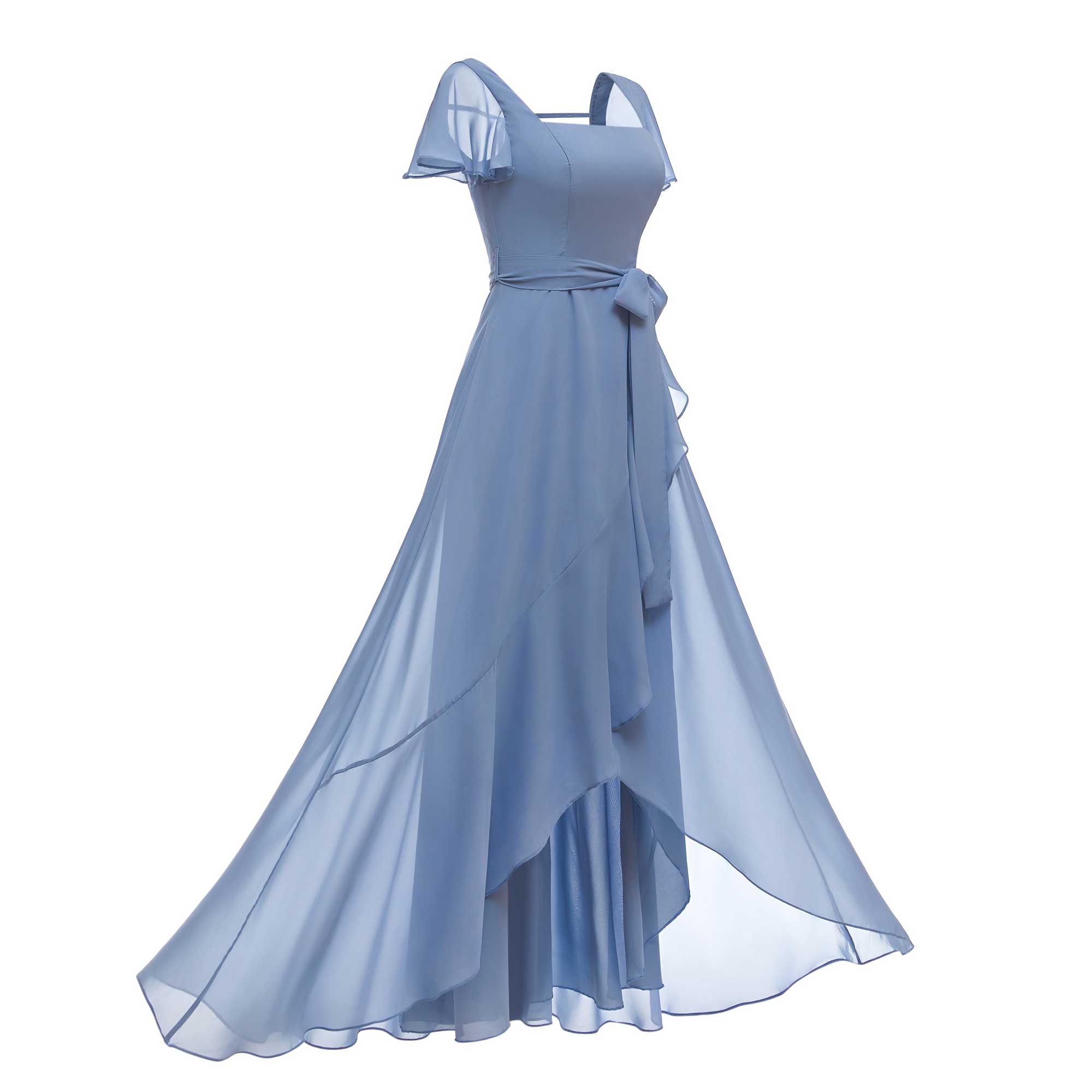 Short Sleeves Ruffles Floor Length Chiffon Bridesmaid Dresses