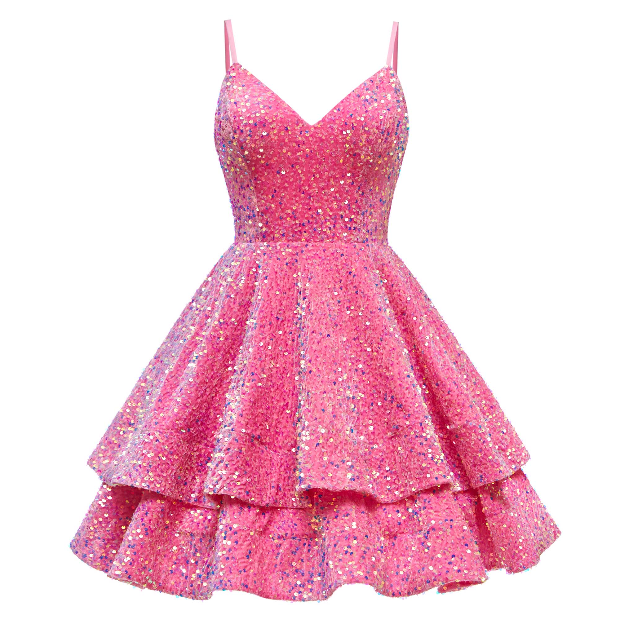 V-Neck Spaghetti Straps Tiered Sequins Mini Homecoming Dresses