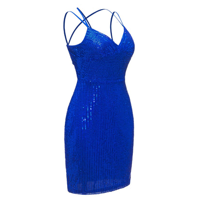 V-Neck Sleeveless Sheath Sequins Mini Homecoming Dresses